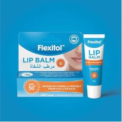مرطب شفاه فليكسيتول بعامل حماية من الشمس SPF50+، 10 غرام، يغذي ويرطب الشفاه الجافة. يوفر حماية عالية من الأشعة فوق البنفسجية UVA وUVB، تم اختباره من قبل أطباء الجلدية، مناسب لجميع أنواع البشرة.