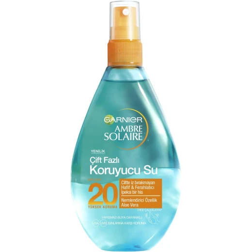 Garnier Ambre Solaire UV Water Sun Cream Spray SPF20 150ml with Aloe Vera, medium UVB/UVA protection and a fresh non-sticky water texture Garnier Ambre Solaire UV Water Sun Cream Spray SPF20 150ml with Aloe Vera, medium UVB/UVA protection and a fresh non-sticky water texture
