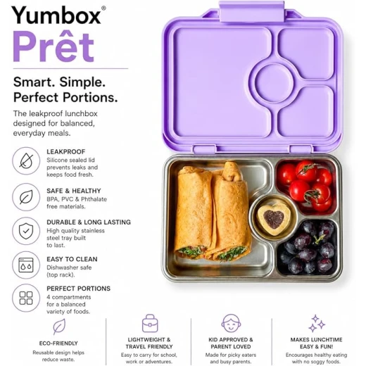 Yumbox Prêt Leakproof Stainless Steel Bento Lunch Box (Lavande Purple) | Lightweight, Sandwich Friendly, Durable, Compact, Easy Open Latch - Yumbox - Image 4