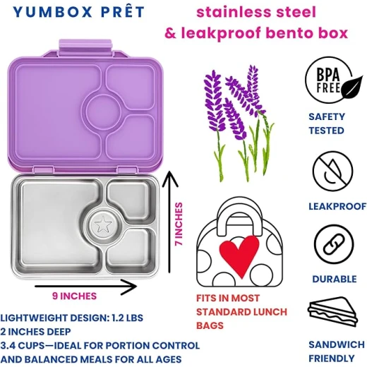 Yumbox Prêt Leakproof Stainless Steel Bento Lunch Box (Lavande Purple) | Lightweight, Sandwich Friendly, Durable, Compact, Easy Open Latch - Yumbox - Image 5