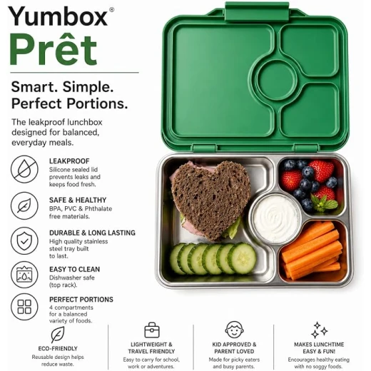 علبة طعام Yumbox Prêt المصنوعة من الفولاذ المقاوم للصدأ والمانعة للتسرب (لون أخضر دبلن) | خفيفة الوزن، صغيرة الحجم، متينة، مناسبة للساندويتشات - يومبوكس - Image 4