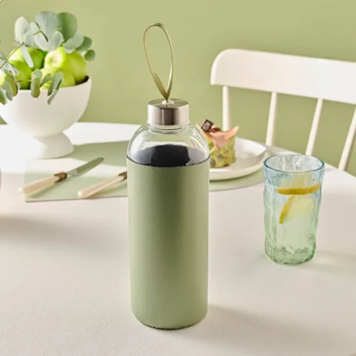 Karaca Leather Water Bottle 1L Green, Stylish Reusable Bottle with 1000 ml Capacity, Elegant Design for Daily Use, Office, Travel and Sports