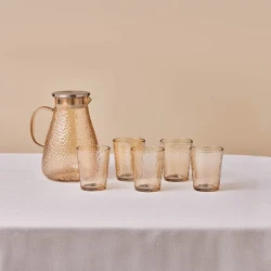 Karaca Luminous 7-Piece Glass Jug and Tumbler Set Amber, Includes 1.8L Pitcher and 6 Glasses 240 ml, Elegant Drinkware Set
