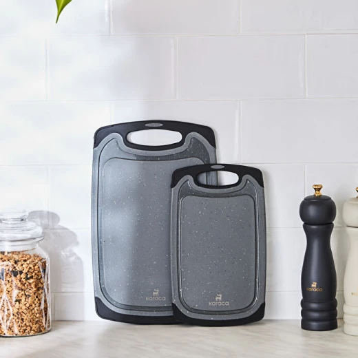 Karaca Daily Grey Granite Pattern 2-Piece Cutting Board Set – Durable Plastic Kitchen Chopping Boards in Two Sizes for Everyday Food Preparation