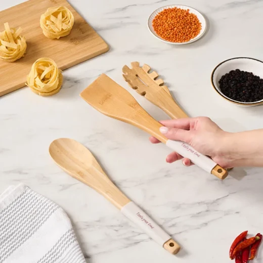 Crick Crack Harmony Taupe 3-Piece Wooden Serving Utensil Set – Silicone Kitchen Tools with Bamboo Handles for Elegant Food Preparation - Crick Crack - Image 4