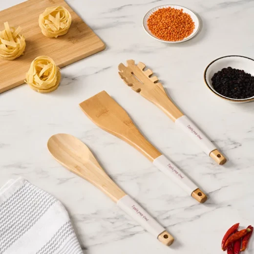 Crick Crack Harmony Taupe 3-Piece Wooden Serving Utensil Set – Silicone Kitchen Tools with Bamboo Handles for Elegant Food Preparation Crick Crack Harmony Taupe 3-Piece Wooden Serving Utensil Set – Silicone Kitchen Tools with Bamboo Handles for Elegant Food Preparation