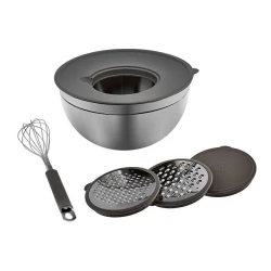 Karaca Mutfaksever Parle Mixing Bowl with Graters – 4.6L 18/10 Stainless Steel Bowl with Lid, Whisk & Storage Function