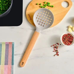 Karaca X Refika Gadgets Silicone Colander with Wooden Handle – Heat Resistant Kitchen Tool for Easy Straining and Food Preparation