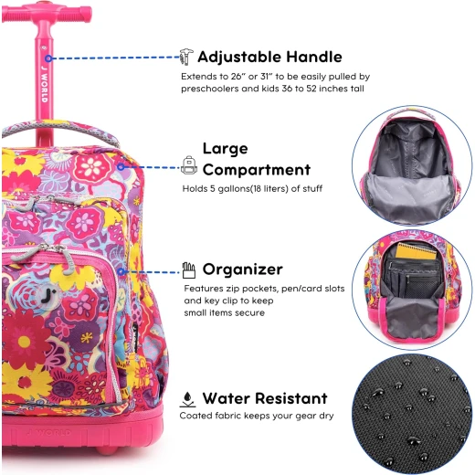 J World New York Lollipop Rolling Backpack (16) + Lunch Bag Poppy Pansy | Kids Set with Light-Up Wheels - J world - Image 4