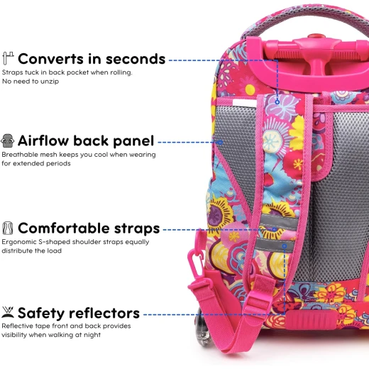 J World New York Lollipop Rolling Backpack (16) + Lunch Bag Poppy Pansy | Kids Set with Light-Up Wheels - J world - Image 3