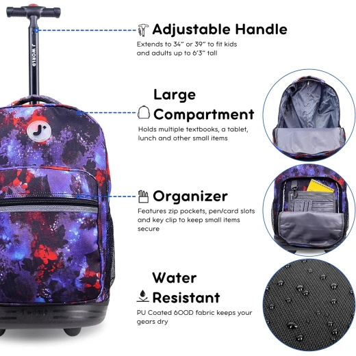 J World New York Sunrise Rolling Backpack (18) Galaxy | Convertible Wheeled School Backpack - J world - Image 4