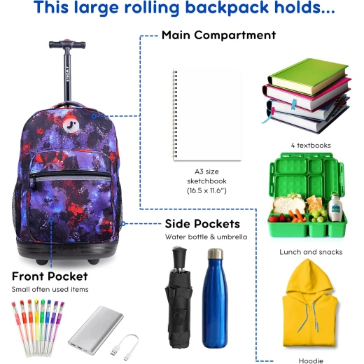 J World New York Sunrise Rolling Backpack (18) Galaxy | Convertible Wheeled School Backpack - J world - Image 6
