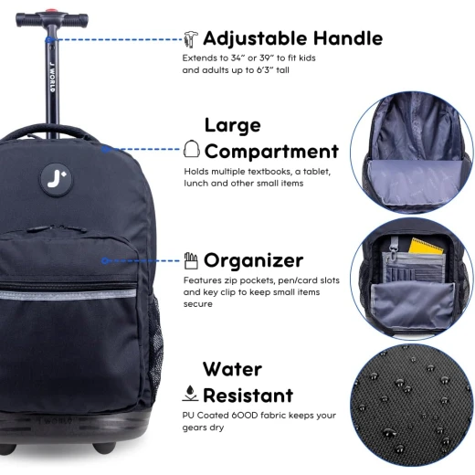J World New York Sunrise Rolling Backpack (18) Black | Convertible Wheeled School Backpack - J world - Image 3