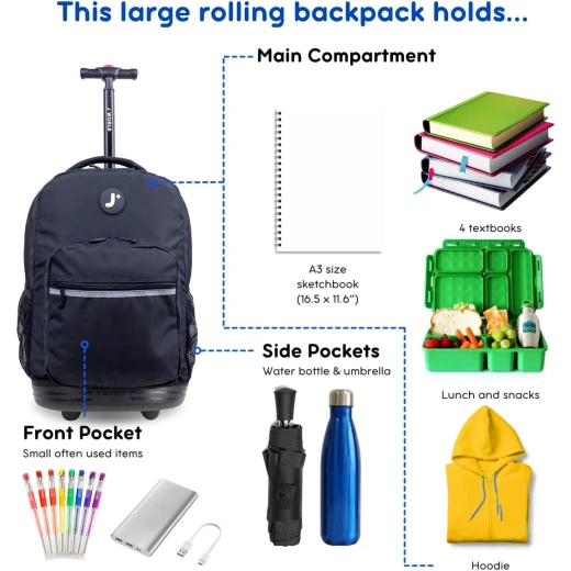 J World New York Sunrise Rolling Backpack (18) Black | Convertible Wheeled School Backpack - J world - Image 6