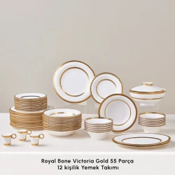 Karaca Royal Bone Victoria 55 Pieces 12 Person Dinner Set Gold with Elegant Bone China Design Combining Luxury, Durability and Royal Style