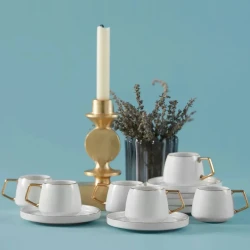 Karaca Streamline Saturn 12 Pieces Porcelain Espresso Turkish Coffee Cup Set for 6 People 100 ml White Gold Elegant Design