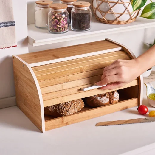 Karaca Aksel Bamboo Bread Box 38.5 × 23 × 19.5 cm, stylish bread storage box with sliding lid, metal handle and elegant modern design - karaca - Image 2