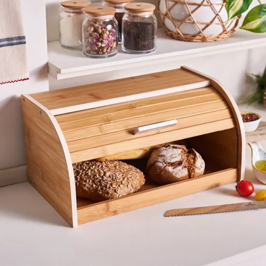 Karaca Aksel Bamboo Bread Box 38.5 × 23 × 19.5 cm, stylish bread storage box with sliding lid, metal handle and elegant modern design - karaca - Image 3