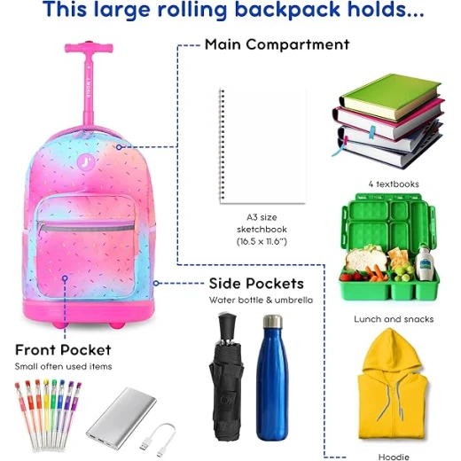J World New York Sunrise Rolling Backpack (18) Confetti | Convertible Wheeled School Backpack - J world - Image 5