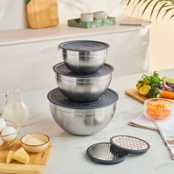 Karaca Mutfaksever Kaia 9-Piece Stainless Steel Mixing, Grating and Storage Set with Lids, practical kitchen solution for food preparation