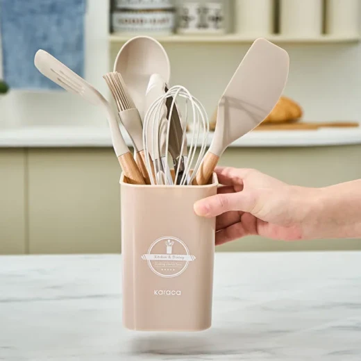 Karaca Zoey 7-Piece Silicone Kitchen Utensil Set Beige with Beech Wood Handles, Heat Resistant up to 220°C with Storage Holder - karaca - Image 3