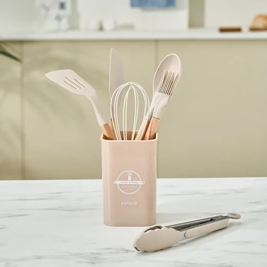 Karaca Zoey 7-Piece Silicone Kitchen Utensil Set Beige with Beech Wood Handles, Heat Resistant up to 220°C with Storage Holder - karaca - Image 4