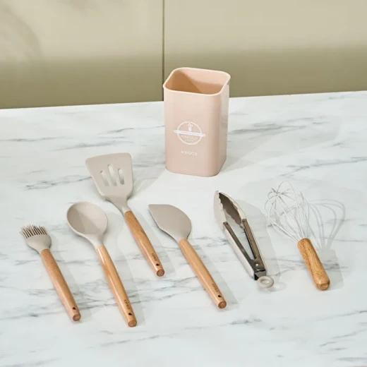 Karaca Zoey 7-Piece Silicone Kitchen Utensil Set Beige with Beech Wood Handles, Heat Resistant up to 220°C with Storage Holder - karaca - Image 2