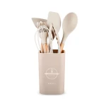 Karaca Zoey 7-Piece Silicone Kitchen Utensil Set Beige with Beech Wood Handles, Heat Resistant up to 220°C with Storage Holder - karaca