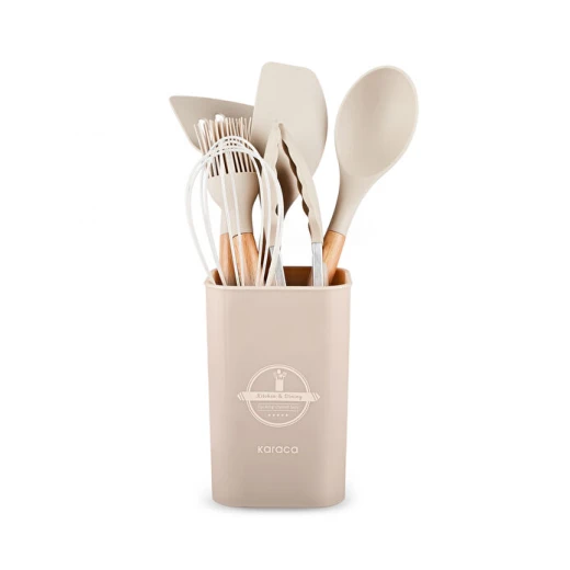 Karaca Zoey 7-Piece Silicone Kitchen Utensil Set Beige with Beech Wood Handles, Heat Resistant up to 220°C with Storage Holder