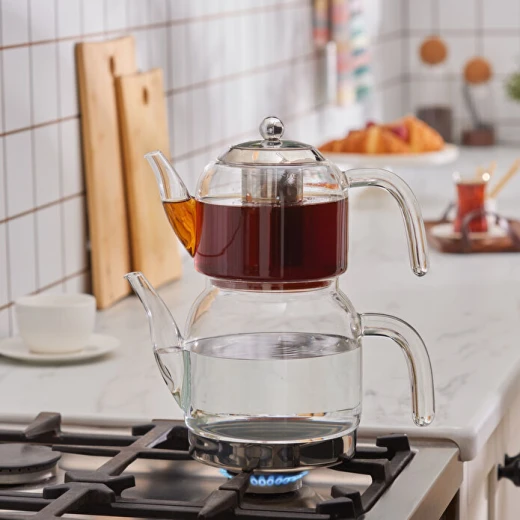 طقم إبريق شاي كاراجا بانورا عائلي زجاج 1.25 و2.5 لتر، إبريق شاي شفاف أنيق لتحضير الشاي اليومي - كراجا - Image 4