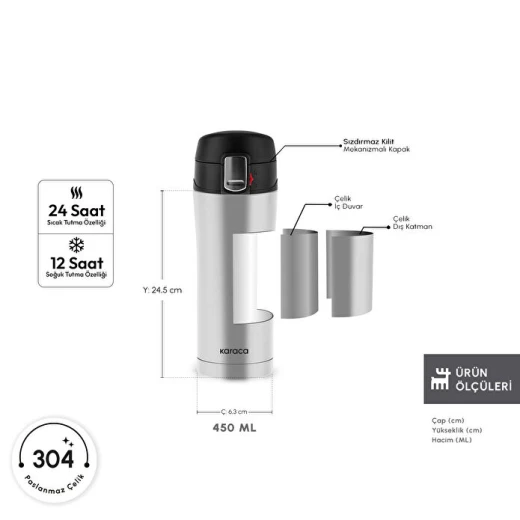 Karaca Pluton Stainless Steel Leakproof Thermos 450 ml Inox – 304 Steel Vacuum Travel Flask - karaca - Image 2