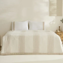 طقم بيكيه سرير مزدوج كاراجا هوم رايز بيج، بيكيه قطن كتان 200×220 سم مع ملاءة و2 غطاء وسادة بتصميم أنيق