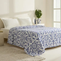 كاراتشا هوم سفين غطاء صيفي بيكيه مزدوج أزرق 200×220 سم من القطن 100% ناعم ومريح لغرف النوم