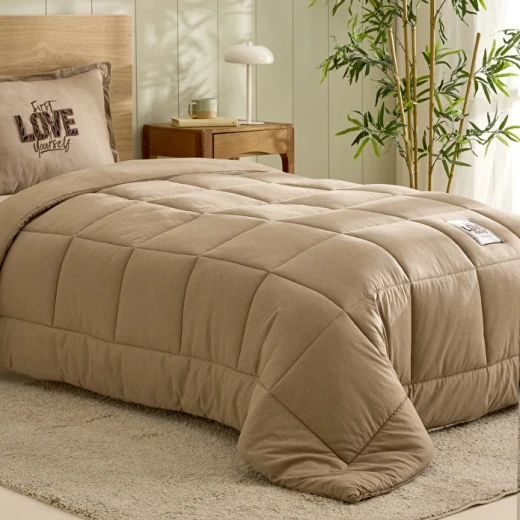 Karaca Home Motto Single Cotton Comfort Bedding Set Beige, Includes Quilt 160x220 cm, Fitted Sheet, Pillowcase, Soft Cotton Polyester Blend - karaca - Image 3