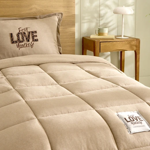 Karaca Home Motto Single Cotton Comfort Bedding Set Beige, Includes Quilt 160x220 cm, Fitted Sheet, Pillowcase, Soft Cotton Polyester Blend - karaca - Image 2