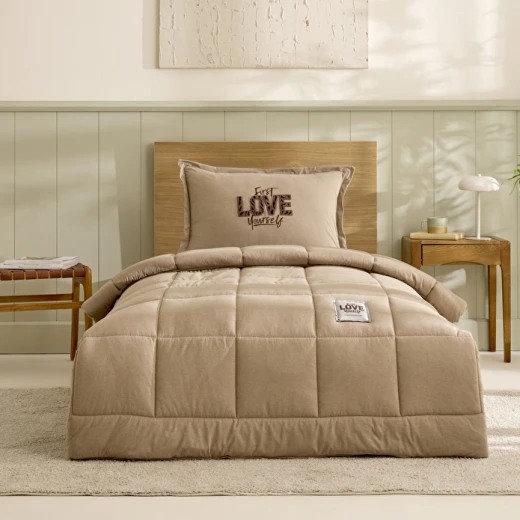 Karaca Home Motto Single Cotton Comfort Bedding Set Beige, Includes Quilt 160x220 cm, Fitted Sheet, Pillowcase, Soft Cotton Polyester Blend - karaca - Image 4
