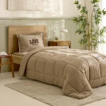 Karaca Home Motto Single Cotton Comfort Bedding Set Beige, Includes Quilt 160x220 cm, Fitted Sheet, Pillowcase, Soft Cotton Polyester Blend - karaca