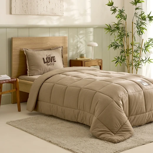 Karaca Home Motto Single Cotton Comfort Bedding Set Beige, Includes Quilt 160x220 cm, Fitted Sheet, Pillowcase, Soft Cotton Polyester Blend Karaca Home Motto Single Cotton Comfort Bedding Set Beige, Includes Quilt 160x220 cm, Fitted Sheet, Pillowcase, Soft Cotton Polyester Blend