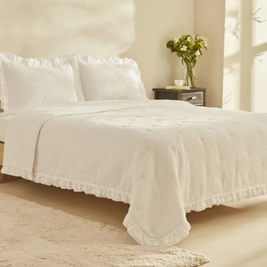 Karaca Home Perios Double Spring Comfort Bedding Set White Ruffled Design, 100% Cotton Quilt 200x220 cm, Sheet and 2 Pillowcases with Silicone Filling - karaca - Image 3
