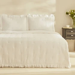 Karaca Home Perios Double Spring Comfort Bedding Set White Ruffled Design, 100% Cotton Quilt 200x220 cm, Sheet and 2 Pillowcases with Silicone Filling
