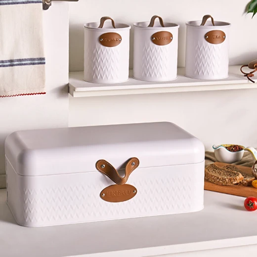 Karaca Lina Bread Box and Storage Container Set White, Kitchen Organizer with 1 Bread Box and 3 Storage Containers Made of Durable Carbon Steel Karaca Lina Bread Box and Storage Container Set White, Kitchen Organizer with 1 Bread Box and 3 Storage Containers Made of Durable Carbon Steel