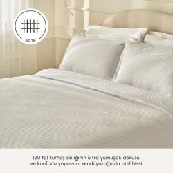 طقم غطاء لحاف كاراجا هوم فيسا مزدوج مخطط أبيض، 120 خيط، قطن ساتان 100%، مع شرشف وغطائي وسادة