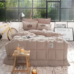 Karaca Home Motto Cotton Comfort Double Sleeping Set Beige, 200x220 cm Duvet, Fitted Sheet and 2 Printed Pillow Cases Bedding Set