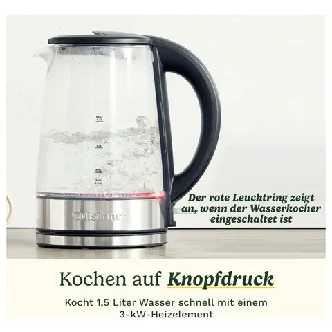 Cuisinart GK15E Electric Glass Kettle, 1.5L, 3000W Fast Boiling, BPA-Free Borosilicate Glass, Red Light Ring, Cool-Touch Handle - Cuisinart - Image 5