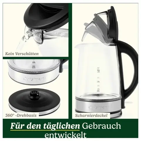 Cuisinart GK15E Electric Glass Kettle, 1.5L, 3000W Fast Boiling, BPA-Free Borosilicate Glass, Red Light Ring, Cool-Touch Handle - Cuisinart - Image 2