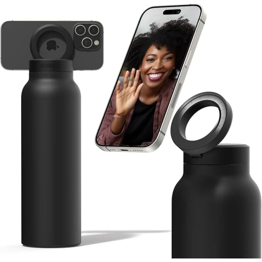 Ringo Insulated Water Bottle | Compatible MagSafe With Phone Holder | Stainless Steel Water Bottle With Magnetic Phone Tripod Mount | Hot for 12H, Cold for 24H, 360° Rotate - Black 32oz - Ringo - Image 2