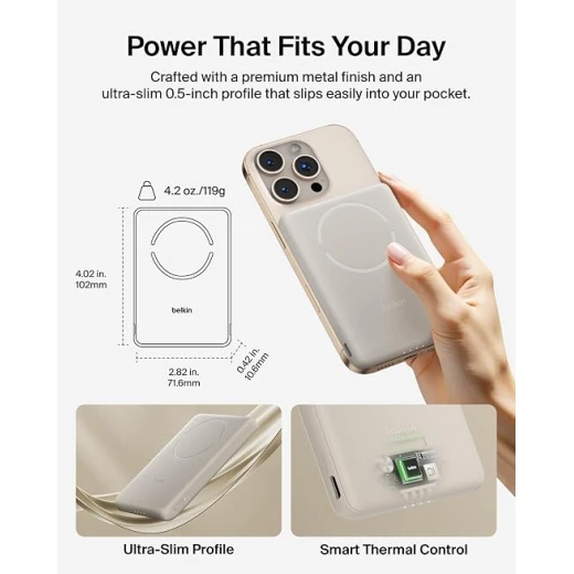 Belkin BoostCharge 5000mAh Magnetic Power Bank with Magnetic Ring - Sand | 5K Portable Wireless Charger, Magnetic Ring for Attaching Accessories, USB C Port, Pre-Charged, Cable included, Travel Safe - Belkin - Image 4