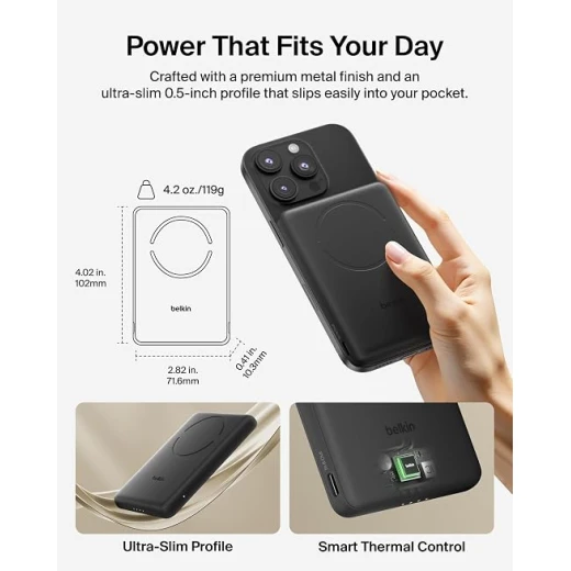 Belkin BoostCharge 5000mAh Magnetic Power Bank with Magnetic Ring - Black | 5K Portable Wireless Charger, Magnetic Ring for Attaching Accessories, USB C Port, Pre-Charged, Cable included, Travel Safe - Belkin - Image 3