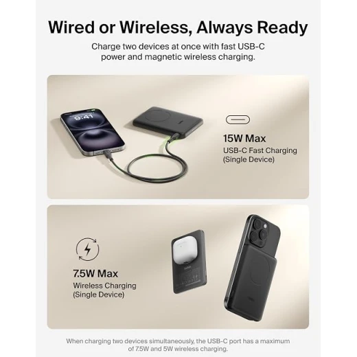 Belkin BoostCharge 5000mAh Magnetic Power Bank with Magnetic Ring - Black | 5K Portable Wireless Charger, Magnetic Ring for Attaching Accessories, USB C Port, Pre-Charged, Cable included, Travel Safe - Belkin - Image 4