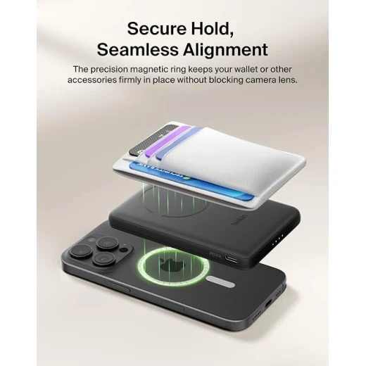 Belkin BoostCharge 5000mAh Magnetic Power Bank with Magnetic Ring - Black | 5K Portable Wireless Charger, Magnetic Ring for Attaching Accessories, USB C Port, Pre-Charged, Cable included, Travel Safe - Belkin - Image 5